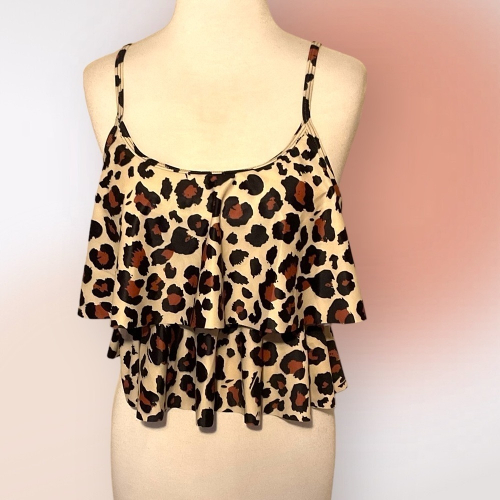 Beach Sissi Leopard Print Ruffled Tankini Top Size Med